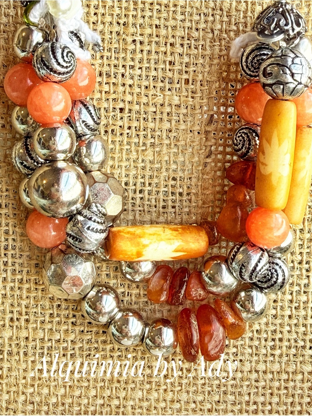 AMBER + JADE+ BONE +Orange and Silver Beaded Multi-Strand Necklace